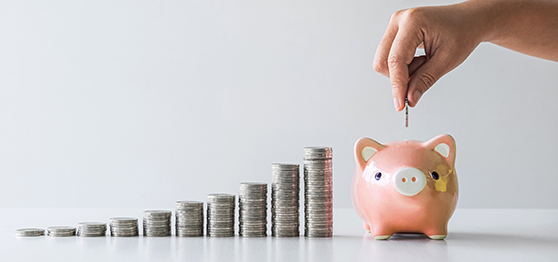 coins stacked up beside a piggy bank
